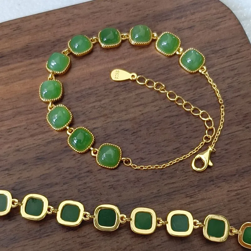 

Квадратный браслет из натурального драгоценного камня Hetian Green Jade S925, стерлинговое серебро, позолоченный
