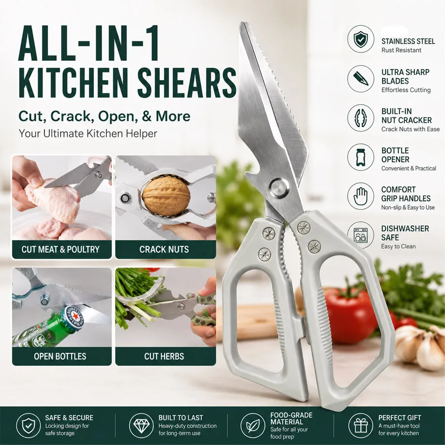 Multifunctional Stainless Steel Kitchen Scissors Household with Bone Cutter Bottle Opener & Nut Cracker for Chicken Fish Cutting