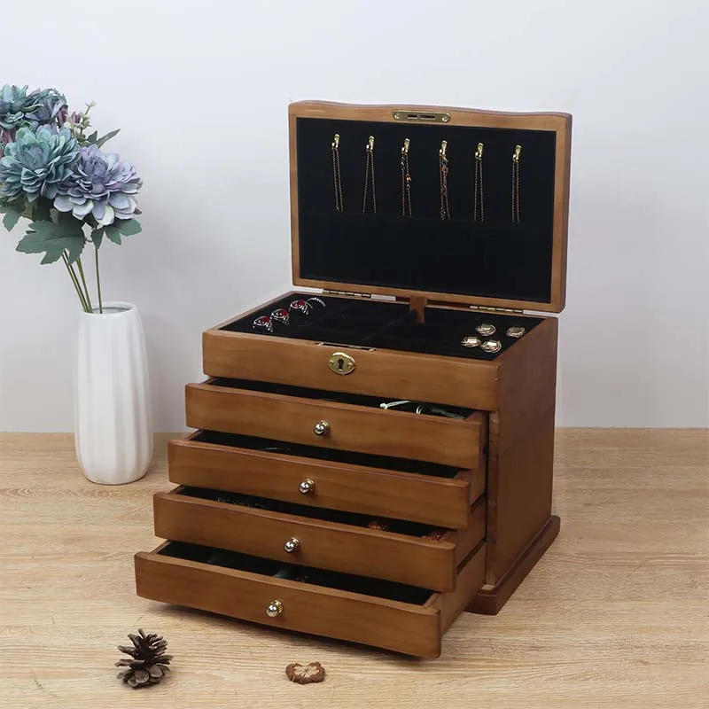 Solid Wood Large Jewelry Box Organizer Chinese Vintage Style Velvet Lined Earring Storage Case
