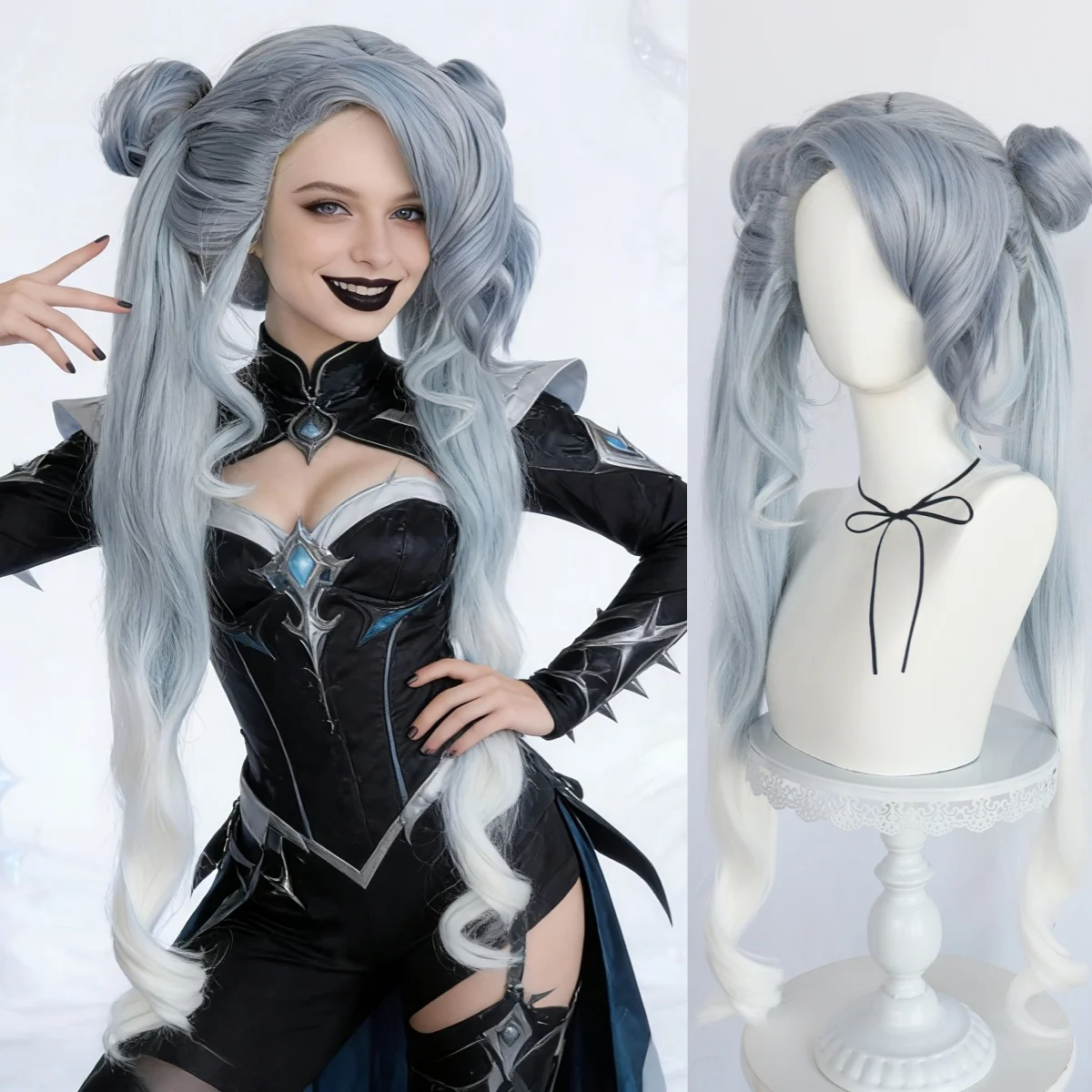 

Anime Game Cosplay Wig Extra Long Double Ponytails/Buns Braids - Heat Resistant Synthetic Hair in Light Blue Gradient White