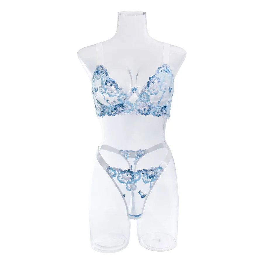 

Embroidery Bra Brief Sets Flowers Lace Blue Sexy Lingerie Fashion Ultra Thin Underwear Transparent See Through Exotic Sets
