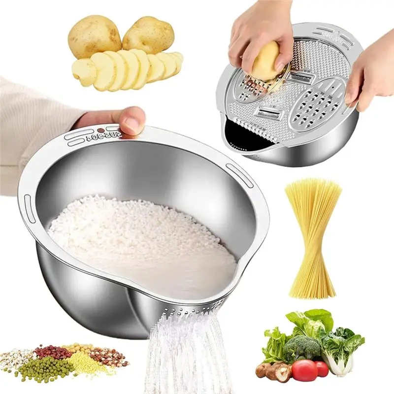 AT84-Rice Washer Strainer Bowl With Grater,For Cleaning Quinoa, Fruits, Beans- Versatile Kitchen Tool For Vegetables