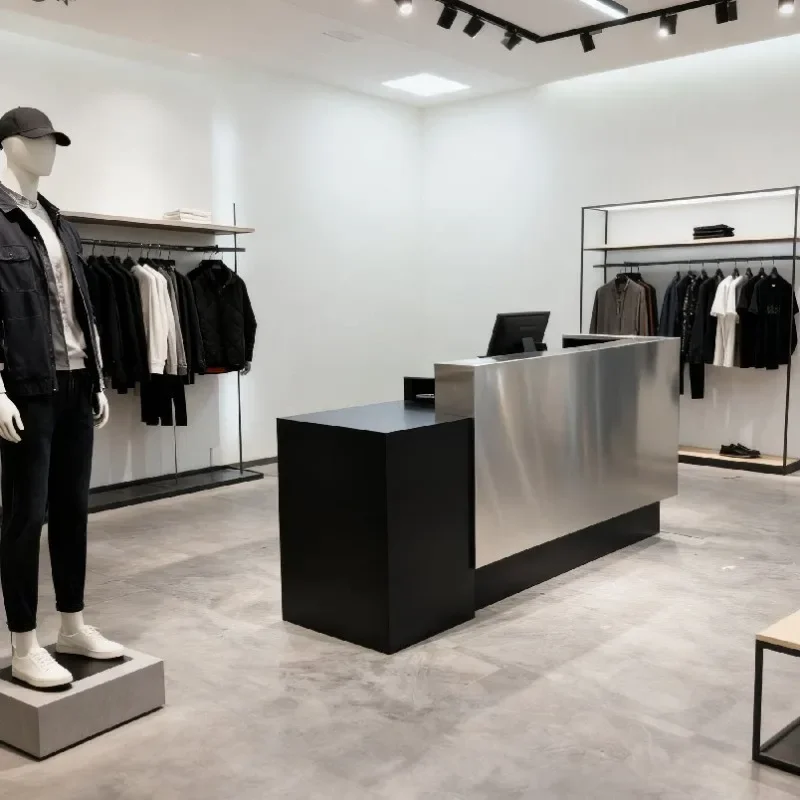Clothing store checkout page Small store Bar table Simple modern stainless steel hairdresser counter Reception desk