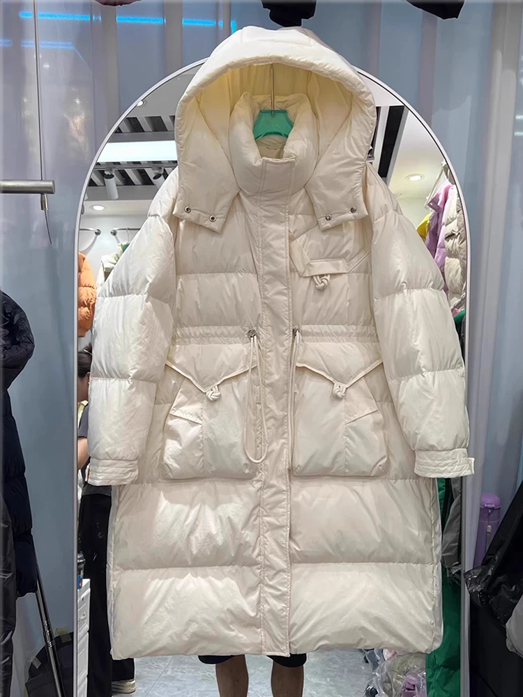 Inverno novo quente casual grosso longo outwear pato branco para baixo casaco 2025 versátil cor sólida com capuz jaqueta para mulher