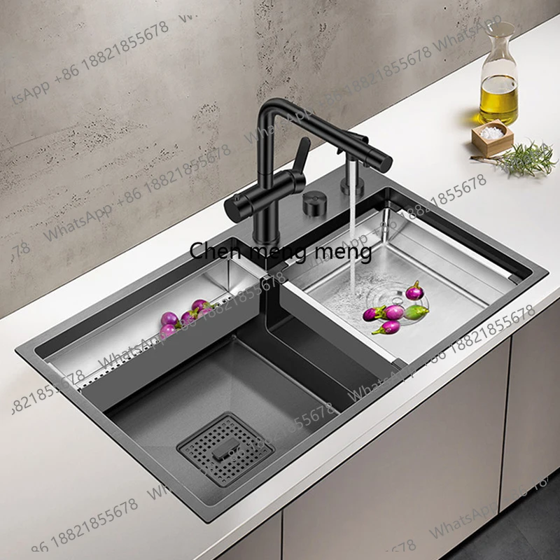 

Luxury Stepped Nanometer Sink 304 Stainless Steel 4mm Thickness 220mm Depth Large Size Handmade Stepped Kitchen Sinks