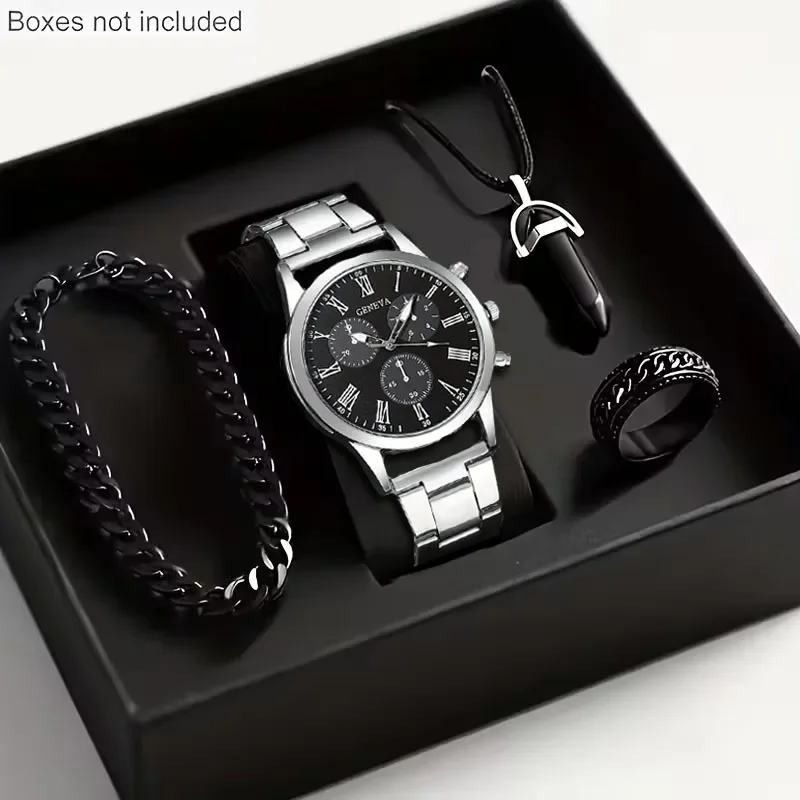 Men 4Pcs Watch Jewelry Set Geneva Roman Dial Wristwatch Bracelet Necklace Ring Relojes Hombre Boxes Not Included
