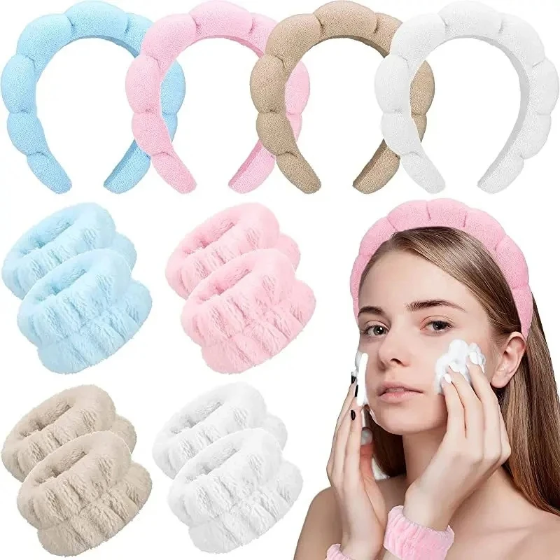 6Pcs Fashion Wash Face Wristbands Scrunchies Puffy Headband Spa Bubble Headband For Washing Face Makeup Shower Skincare