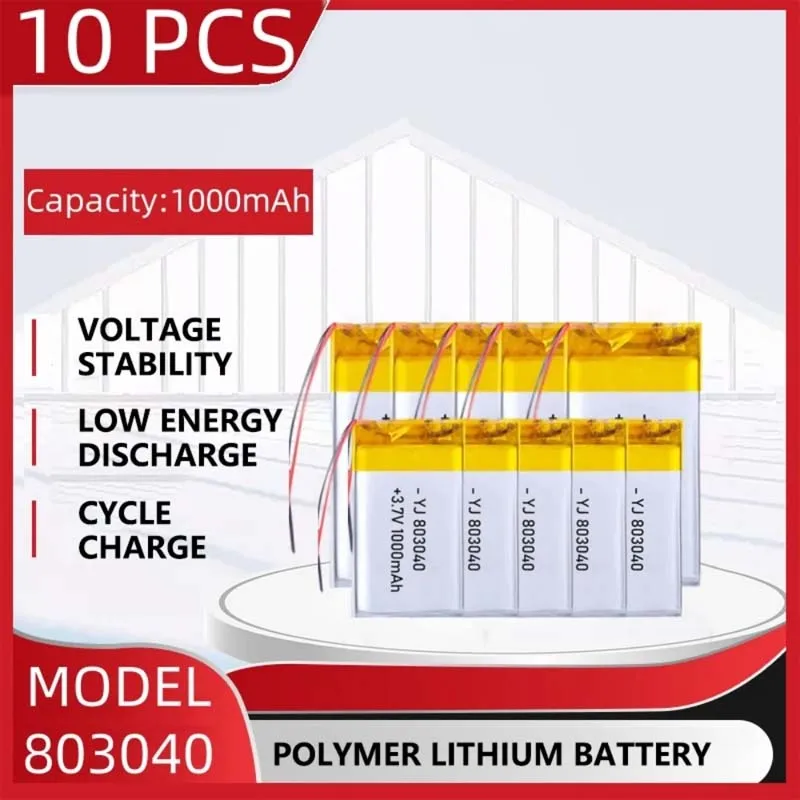

10pcs 803040 3.7V Polymer Lithium Lon / Li-ion Battery 1000mAh for MP3/4/5 GPS DVR Player Navigator Speaker Power Bank Electri