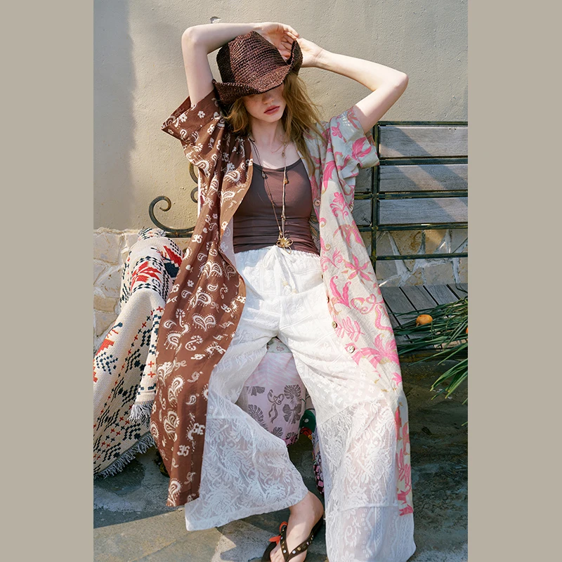 ELFSACK Women's Patchwork Midi Dress with Mixed Fruit Floral Print, V Neck Half Sleeve Drawstring Waist Dress for Vacation