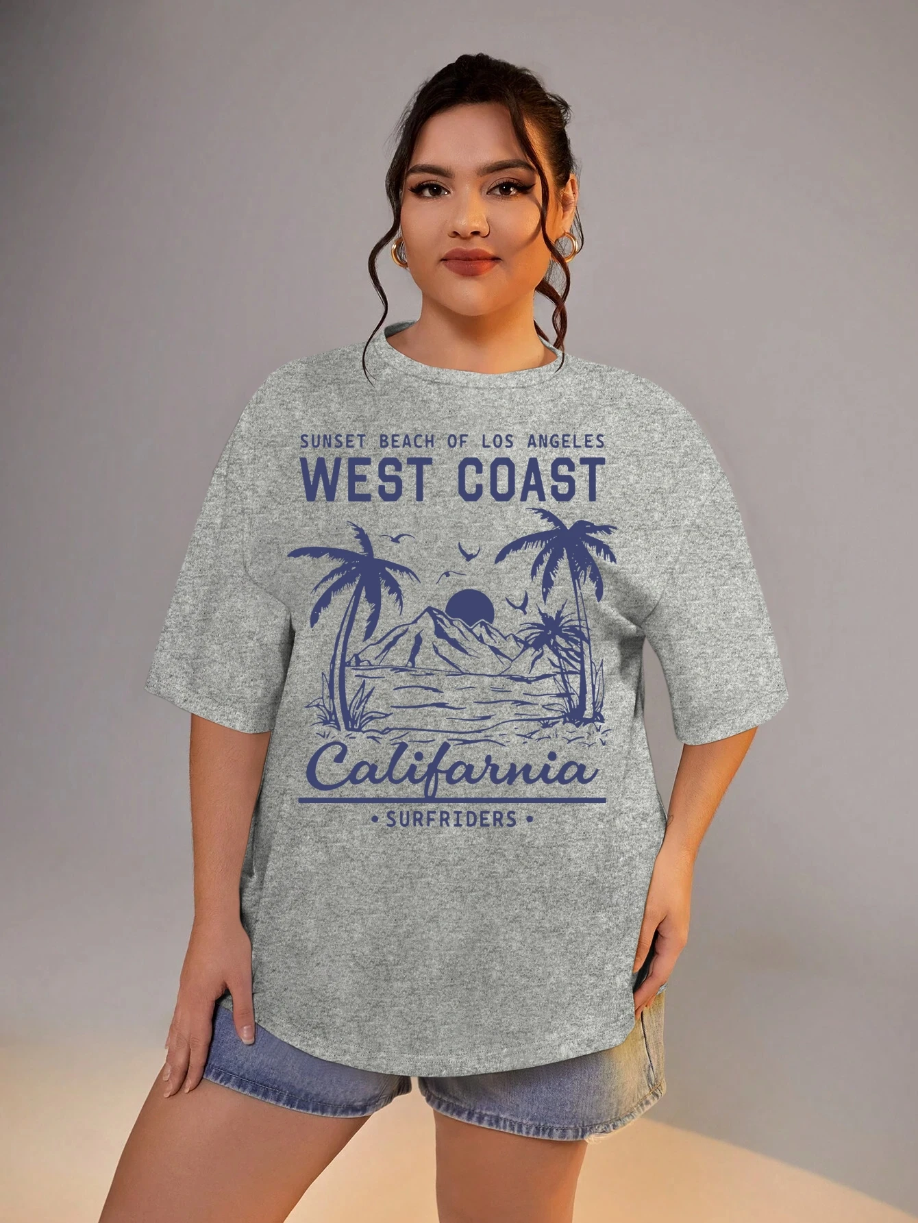 

Plus Size Tops West Coast Print Oversized Short Sleeve Shirt Large Sizes for Fat Women Summer