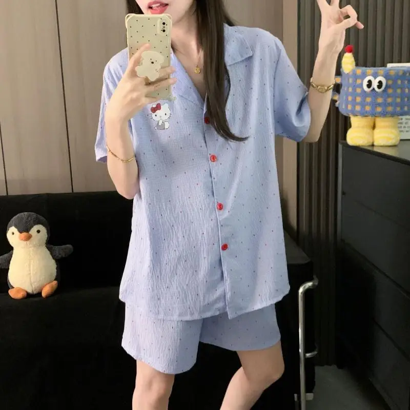 

Sanrio, 2 шт., хлопковый пижамный комплект Hello Kitty, кавайная летняя одежда для отдыха для девочек, милый комплект домашней одежды в горошек с короткими рукавами, подарок