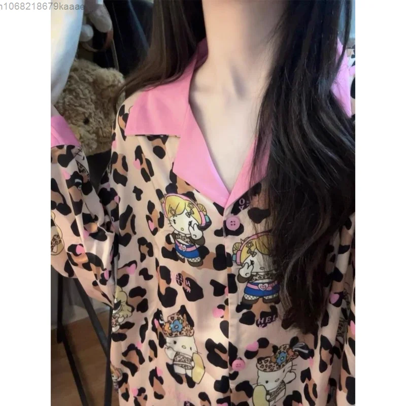 Hello Kitty Leopard Print Cartoon Pajamas Set Women Spring Long Sleeve Top Shirt Pants Trendy Sleepwear Loose Casual Home Suit