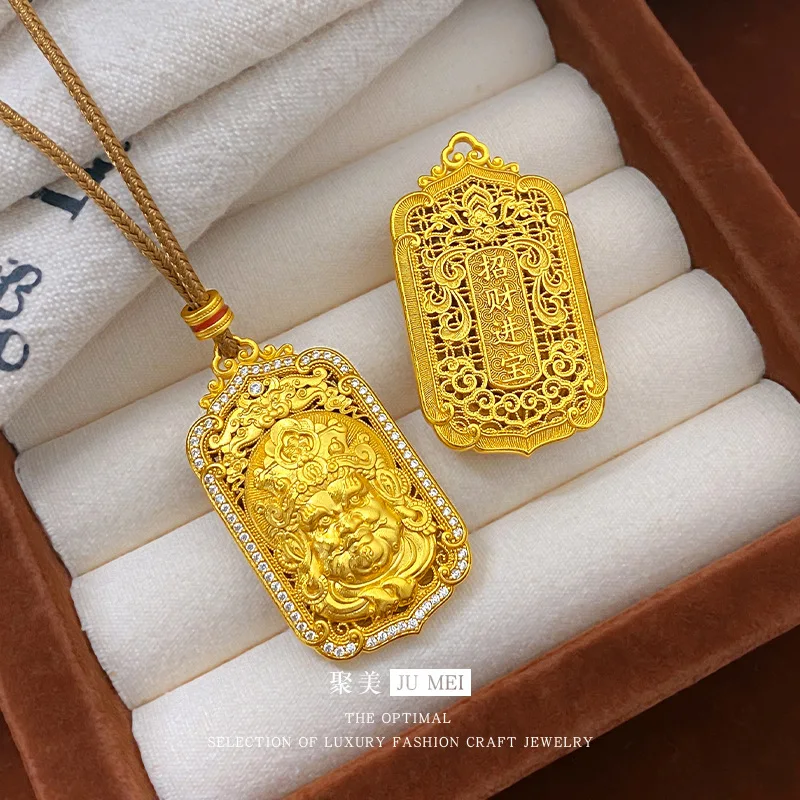 

New Chinese style 24K real gold hollow to attract wealth and treasure new hollow 9999 diamond-set God of Wealth pendant