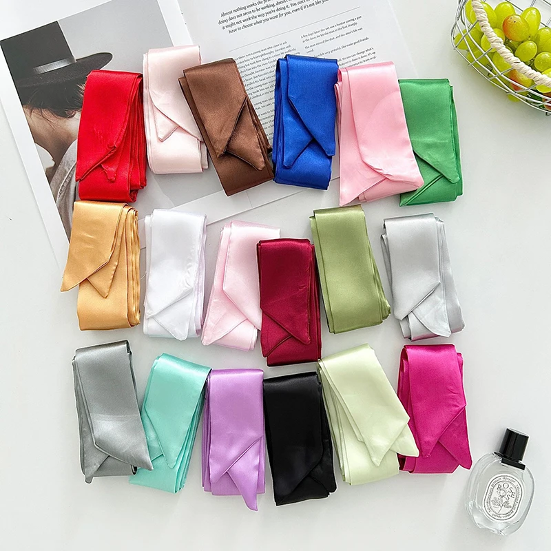 150cm Women Satin Silk Narrow Scarf Red Solid Color Neck Scarves Long Silk Scarves Hair Band Bag Ribbon Tie Headband Neckerchief