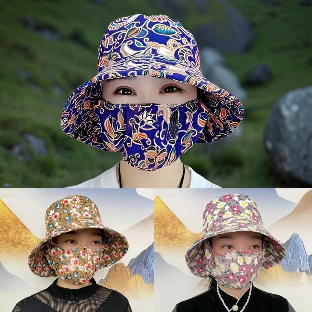

Summer Sunscreen Printing Cap With Mask For Women Wide Brim Sun Protection Anti-UV Outdoor Fishing Cycling Travel Beach Sun M2J2