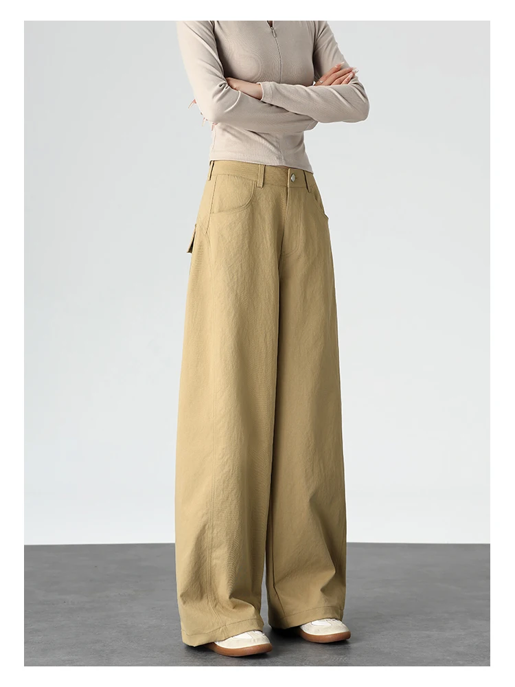 Hochgeschnittene Gerade Hose für Damen, Vintage-Stil mit Klappentasche, Gerade Weite Hose im Koreanischen Stil, Drapierendes Design, Schlankmachende Lange Hose – Detail 8