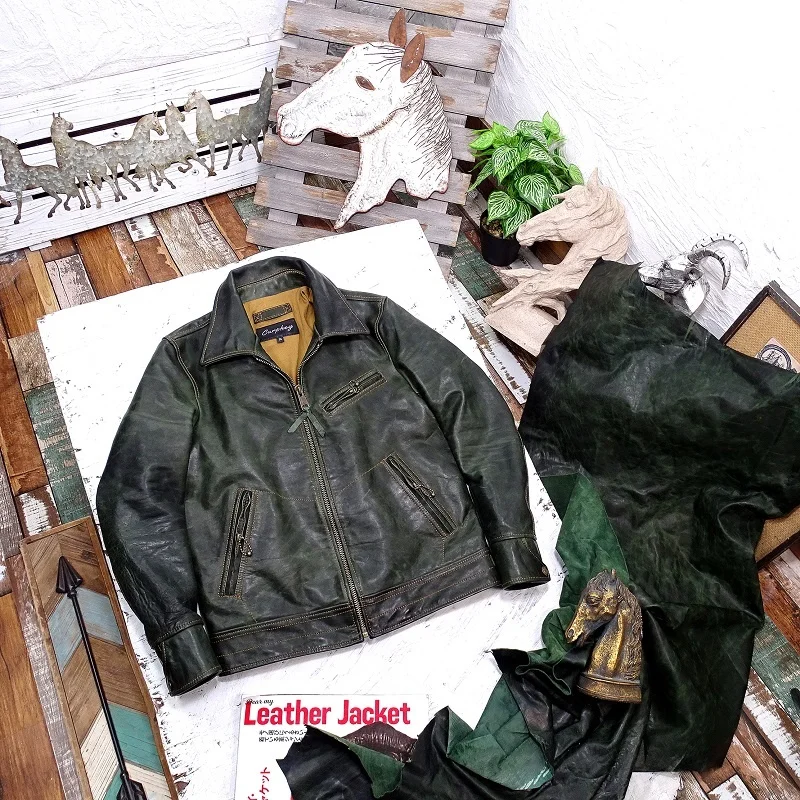 shipping.2023 brand new Free men rider genuine leather jacket.Vintage tanned green horsehide coat.plus size.quality slim