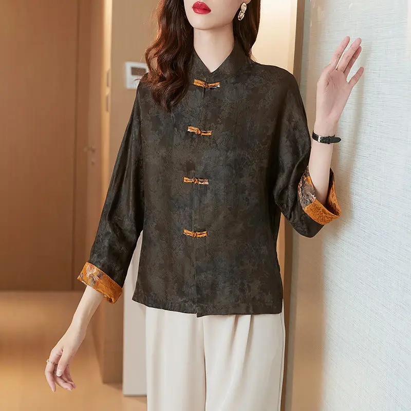 Chinese style jacket women\'s spring and autumn new retro silk jacquard Chinese mulberry silk ethnic Tang suit top women