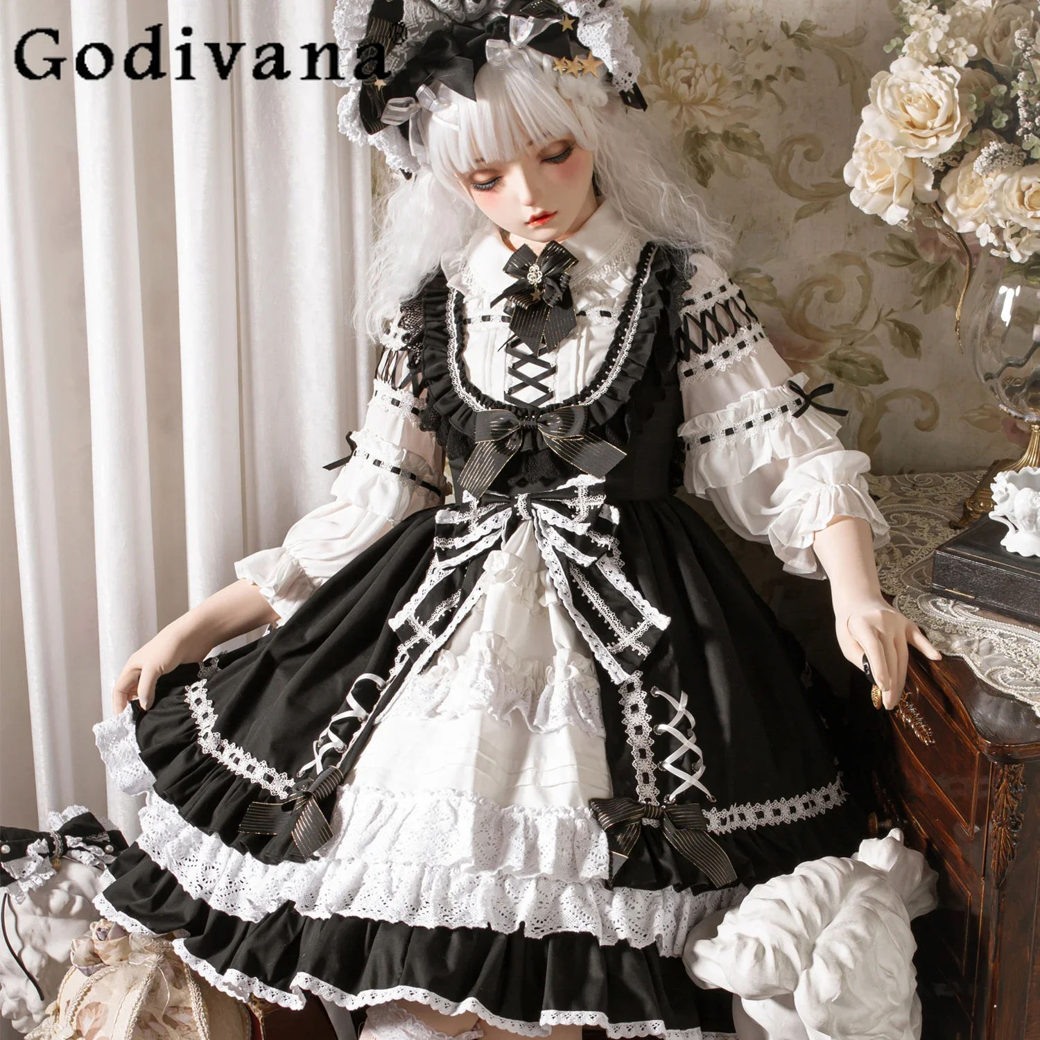 

Original Lolita Tea Party Dress Jsk Women's Cute Sweet Girls Waist Slim Bow Lace Splicing Suspender Dress Spring and Autumn