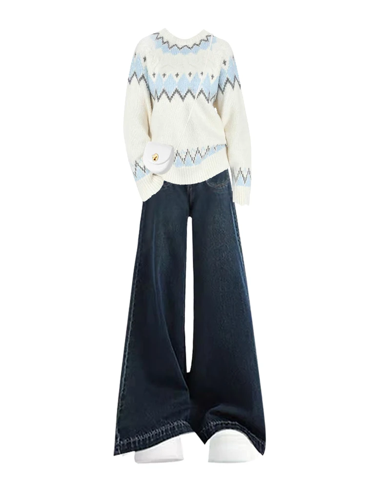 College Sle Color Blo Striped Knitwear Wide Leg Jeans Women's Winter Design Sensation Youthful Gentle Two Piece Set