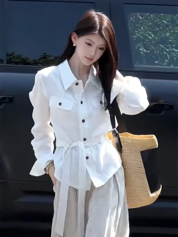 

Elegant White Shirt Women's Slimming Waist Design Commute Loose Feel Top Spring 2026 Fashion Casual Long Sleeve Button up