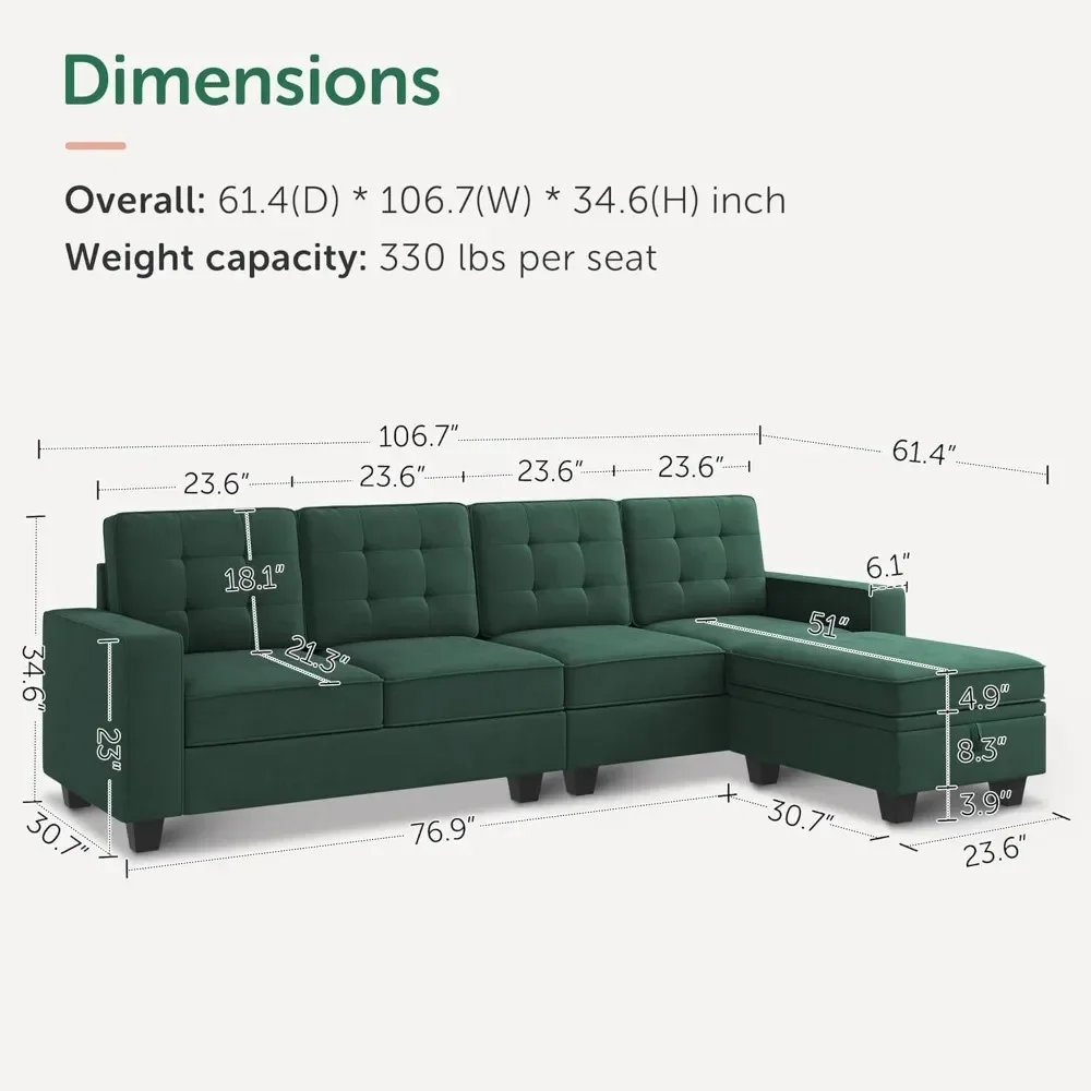 L-shaped Segmented Velvet 4-seater Segmented Sofa with Reversible Lounge Chair, Used for Sofa Set Living Room Furniture