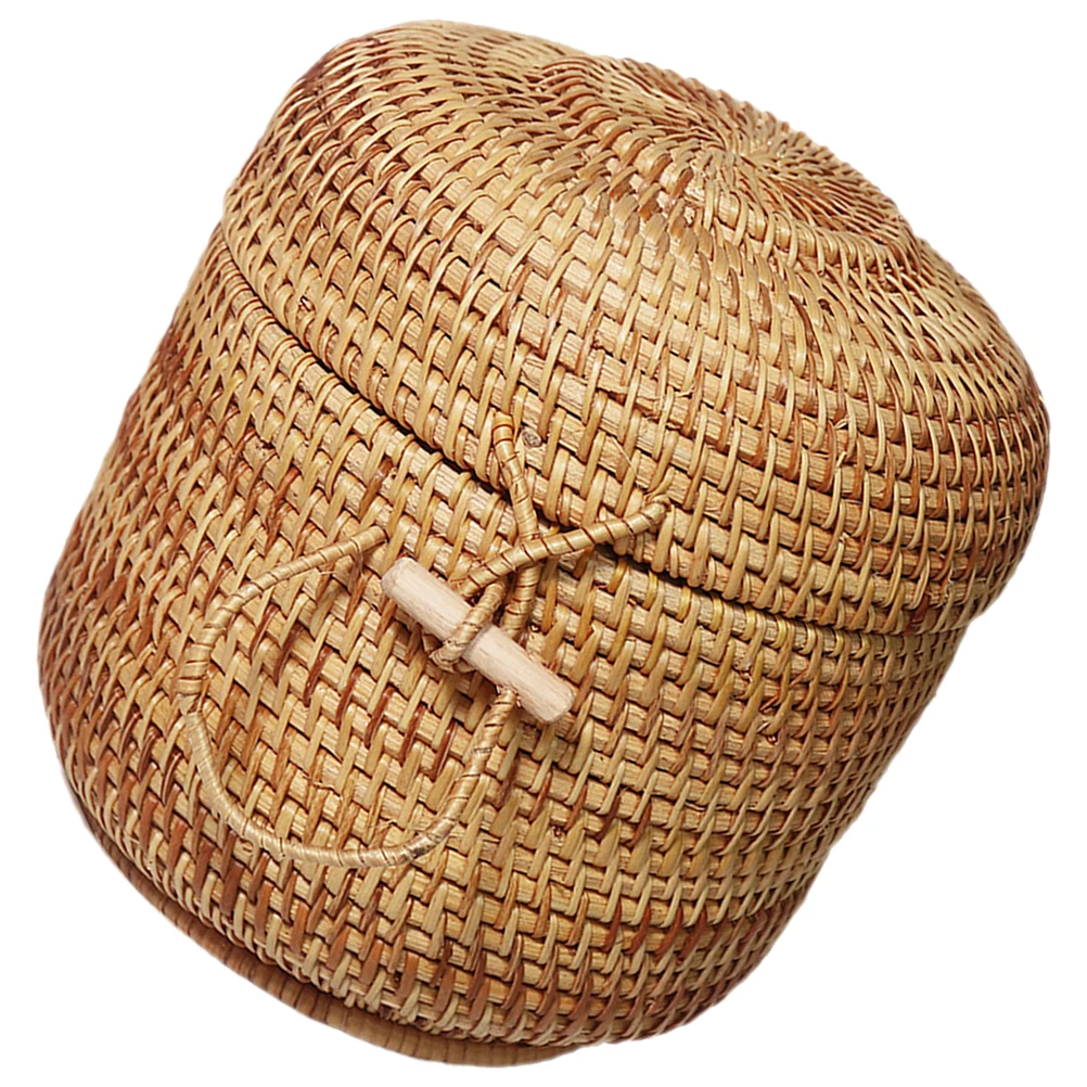 

1pcs Tea Storage Box 18x18cm Round Woven Rattan Basket Kitchen Fruits Snacks Container Lid Candy Holder Bread Organizer