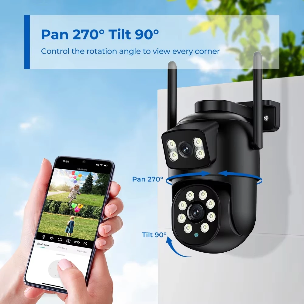 4K 8MP Wifi Dual Lens Outdoor Camera 10X Zoom HD Dual Screens PIZ IP Camera Night Vision Security Protection Câmera P6Slite APP