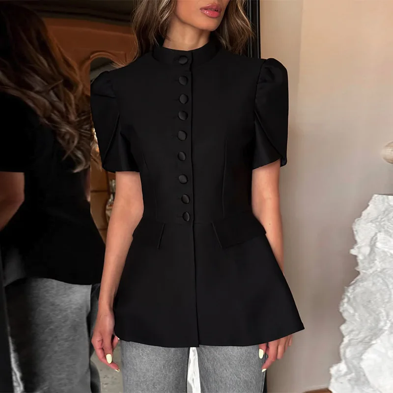 

Top Women 2025 Summer New Sweet and Fresh Stand Collar Single Breasted Solid Color Short Sleeve Slimming Casual Shirt Jacket