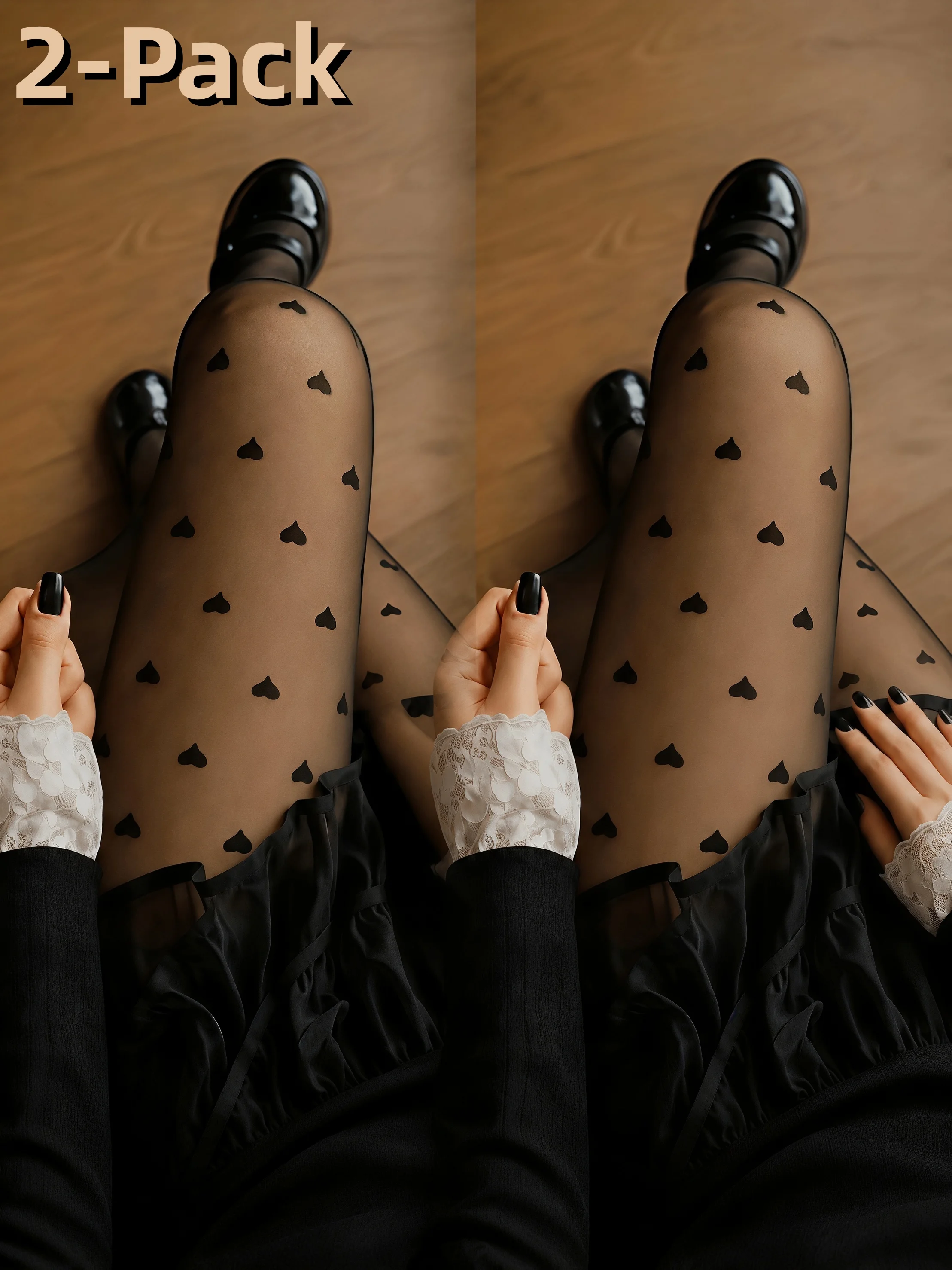 2 Pairs Heart Printed Sheer Black Tights Exquisite Fabric High Stretch Slim Fit Elegant Hot Girl Outfit Essential Pantyhose