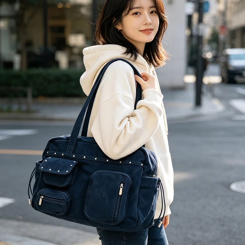 Stylish Large Capacity Women's Shoulder Bag Retro Y2k Studded Decor Lady Handbag Multi-pocket Travel/commuting/shopping Handbag