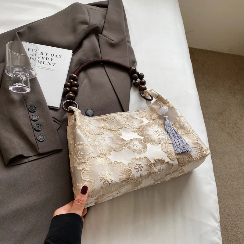 HAEX Chinese Style Ladies Handbags Designer Satin Floral Tassels Underarm Shoulder Bolso Mujer Luxury Elegant Sac A Main Femme