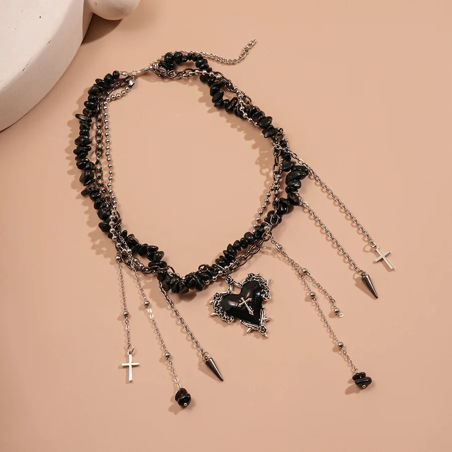 Gothic Red Love Heart Pendant Necklace for Women Gravel Stone Cross Double Layer Choker Necklaces Halloween Party Accessories K