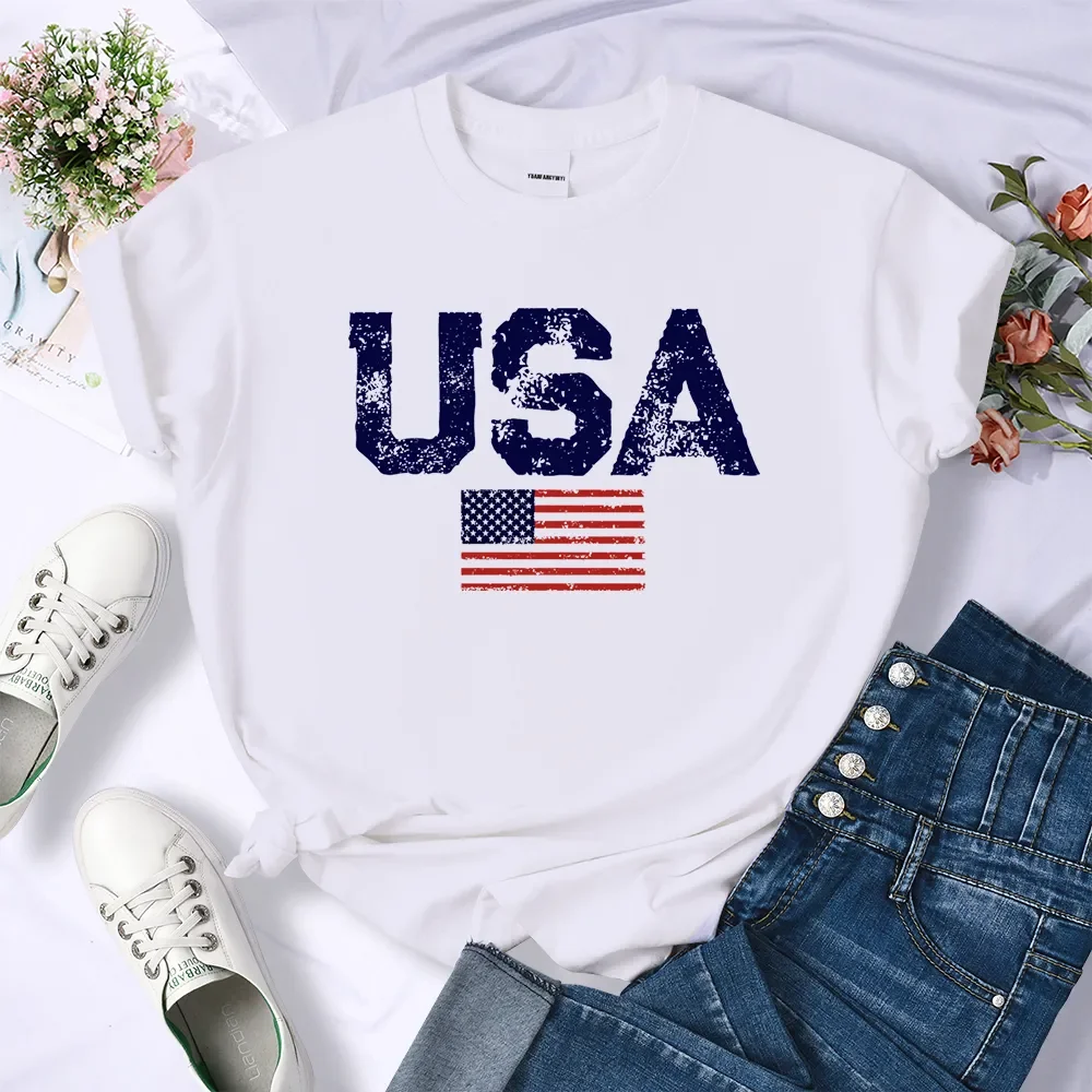 O-Neck Simples Retro Tops para Mulheres, Letras dos EUA, Bandeira Americana, Estrelas e Listras Imprime Roupas, Camisetas Soltas, Personalidade