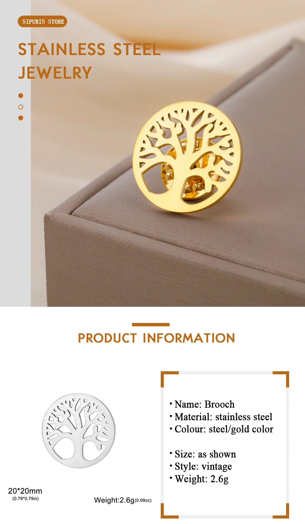 Sipuris Baum des Lebens Anstecknadel aus Edelstahl, Vintage-Mode, Goldfarben, Geometrischer Minimalistischer Schmuck, Geschenke für Frauen – Detail 5