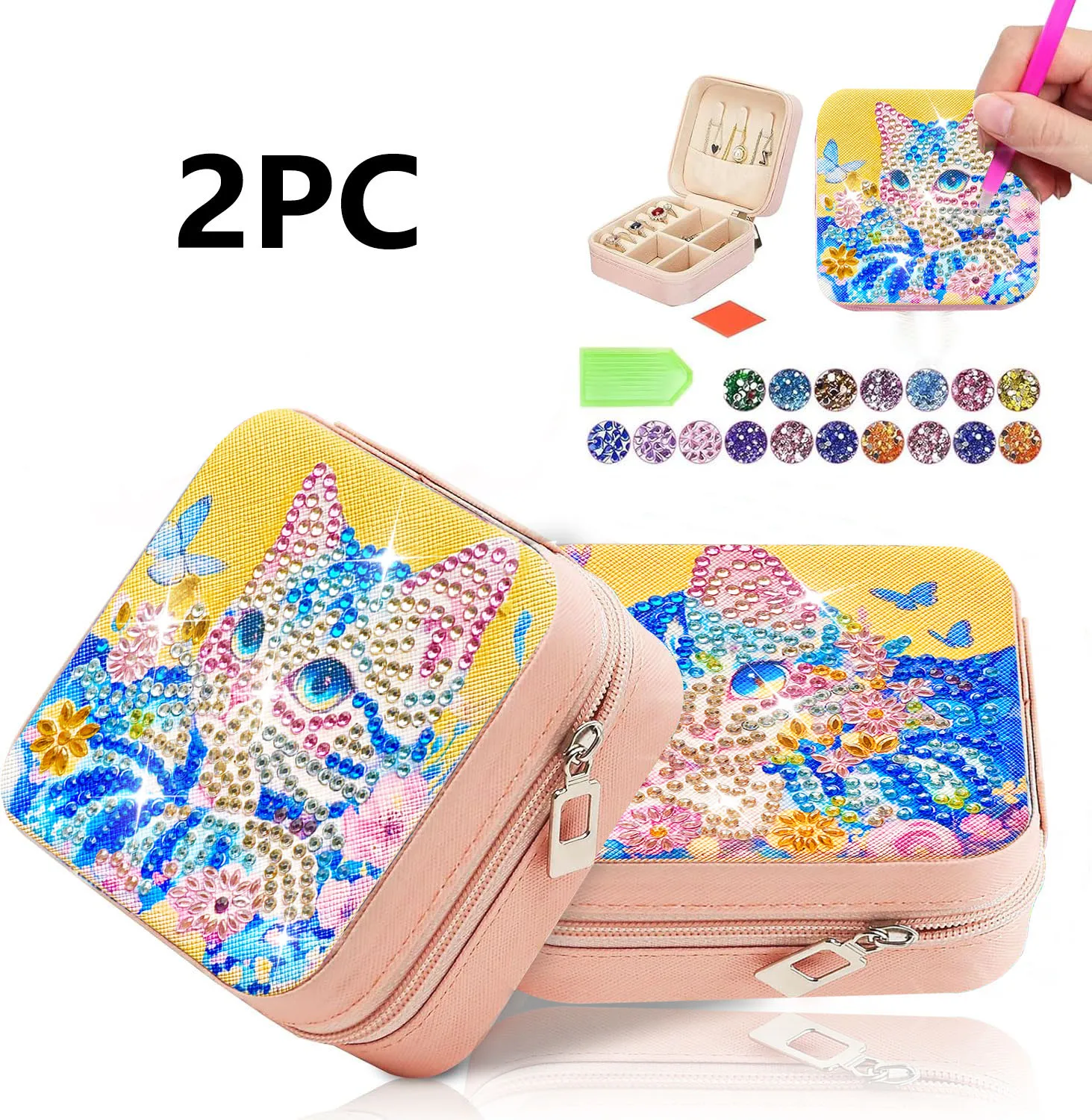 

2 набора шкатулок для драгоценностей с алмазной живописью «сделай сам», мини-ювелирные дорожные шкатулки из холста с кошачьими узорами