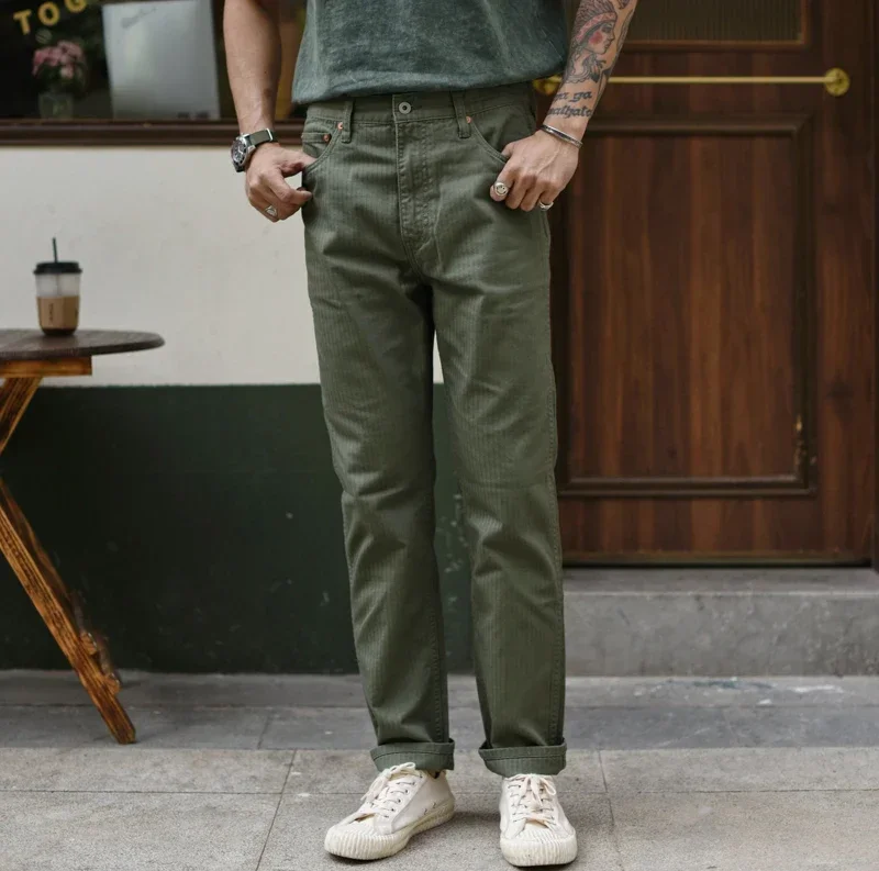 Sauce Zhan Men Pants HBT Herringbone Cargo Pants Casual Pants Waved Twills Slim Fit High Front Rise Wear-resistant Green