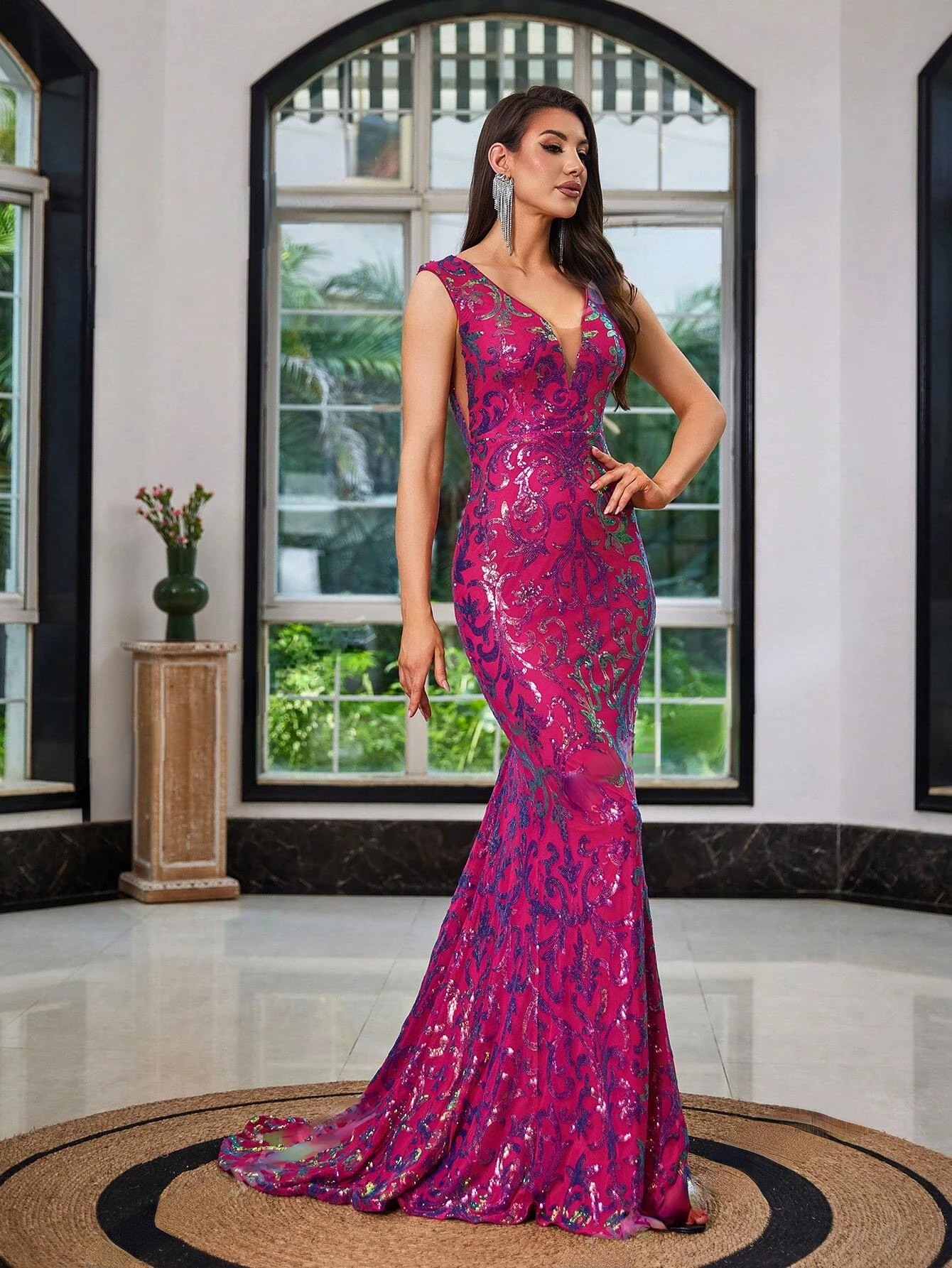 LOVE&LEMONADE Sexy Fuchsia V-Neck Sleeveless Sequin Floor-Length Evening Maxi Dress for Women Wholesale Dropshipping