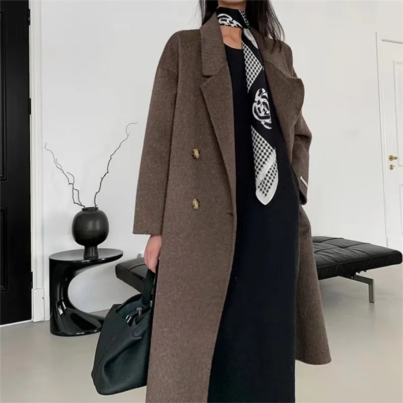 New Natural Alpaca Double-sided Woolen Coat Women Long Loose Lapel Warm High-end Wool Jacket Simple Fashion Pocket Fit Winter