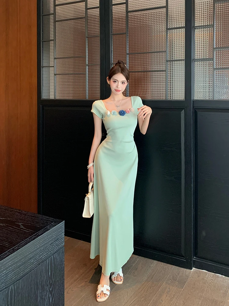 

Women Mint Mambo Style Short Sleeved Dress Women's Summer 2024 New Korean Chic Waist Slimming A line Long Dresses