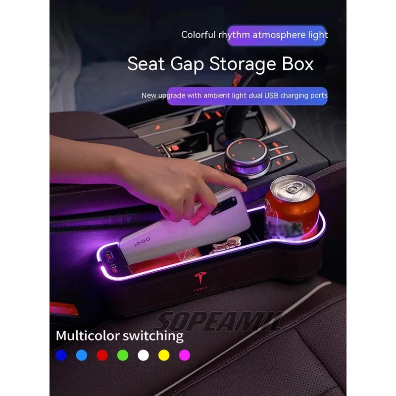 

For Tesla Cybertruck Model 3 Model Y Model S Model X Roadster Car USB Colour Lamp Seat Multifunctional Storage Case Seat Gap Box