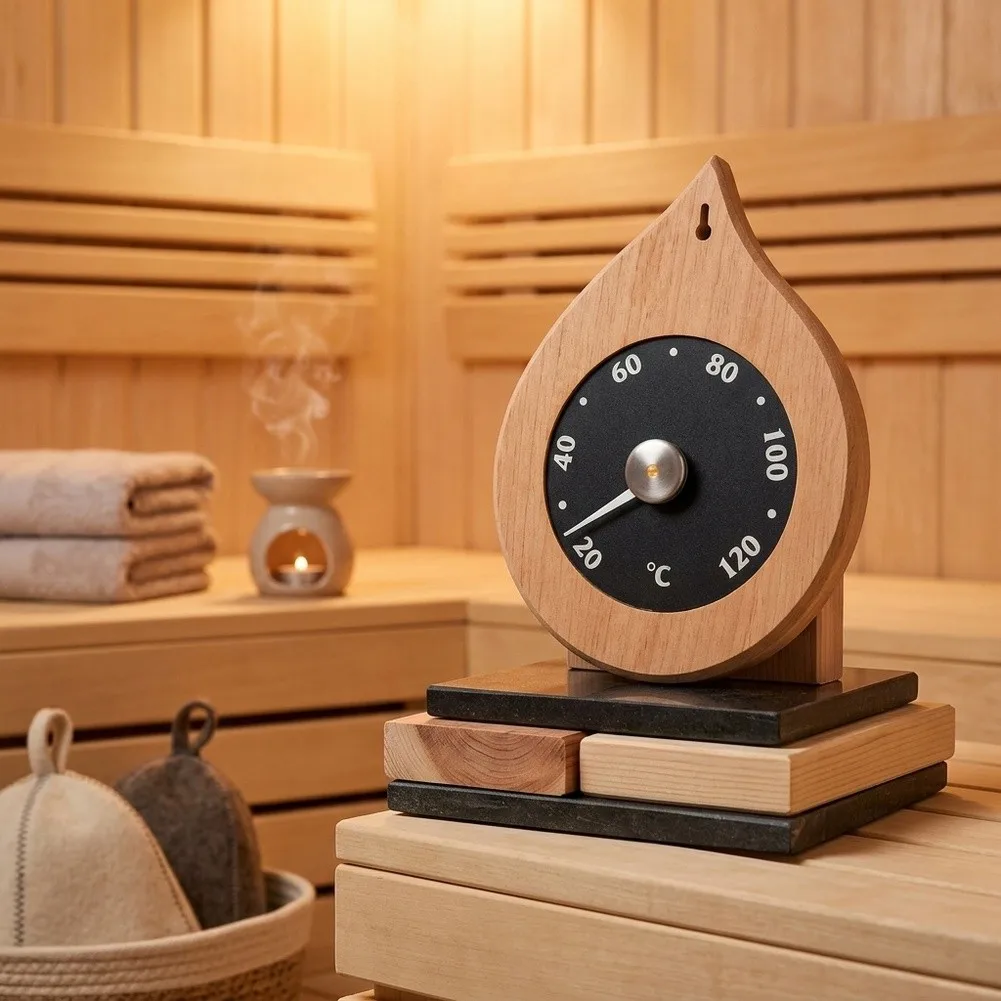 Natural Wood Look Sauna Temperature Gauge for Steam Room Wall Installation 17x14x2cm Teardrop Shape Easy Mount