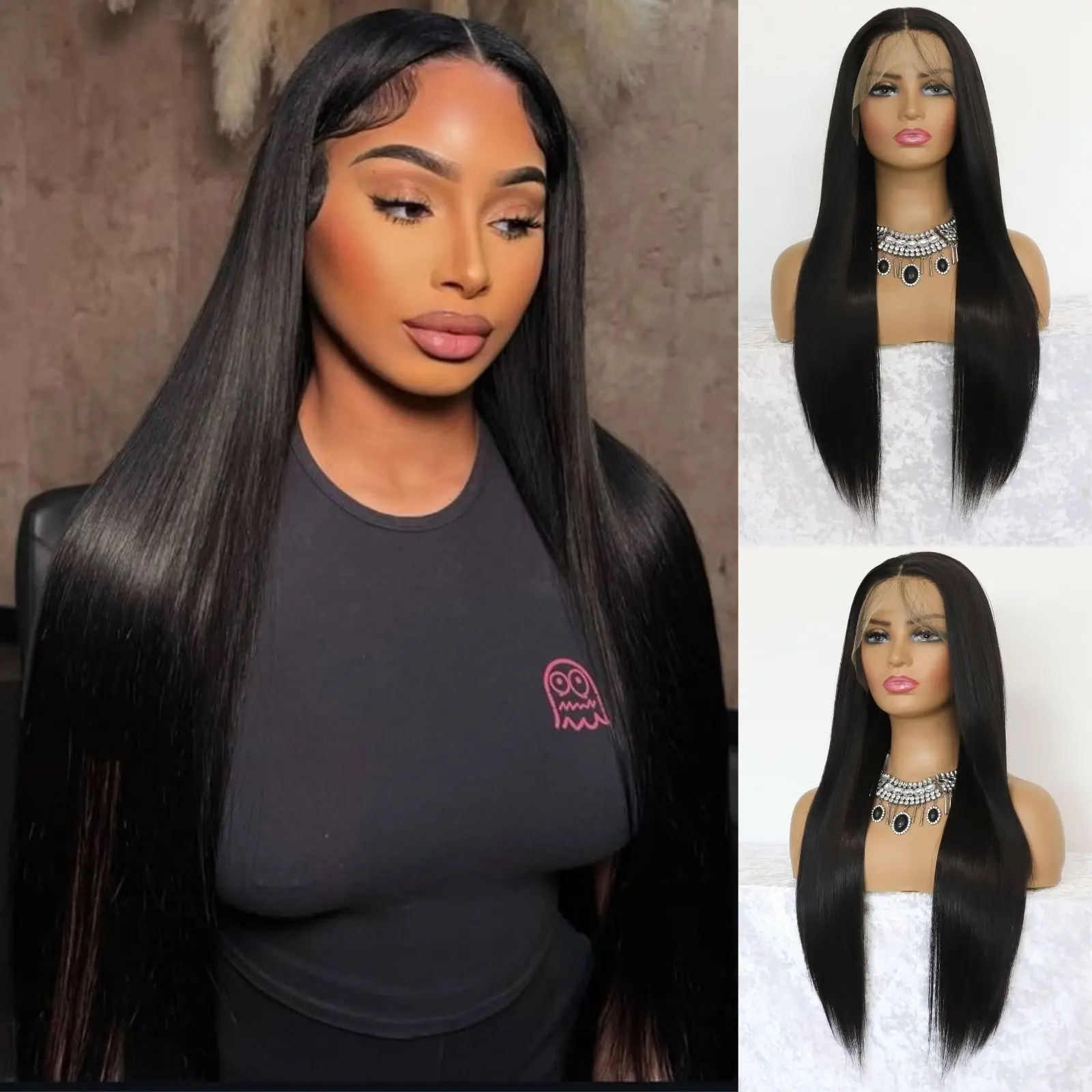 Black Straight Lace Front Synthetic Wig Natural Black 13×4 Lace Front Wig Heat-resistant Synthetic Fiber Wigs(24Inch)