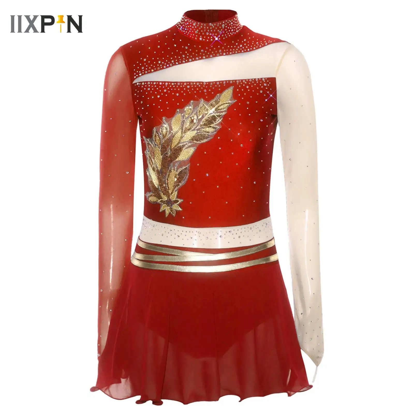 

Women Gymnastics Jersey Ballet Dance Dress Lyrical Figure Skating Performance Costume Rhinestone Contemporary Leotard Dress