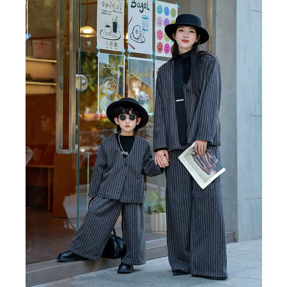 

2025 Winter Mother Son Family Matching Suits Formal Blazer Pants Outfit Korean Style Kids Boy Stripe Cpat Trouser Two Piece Set