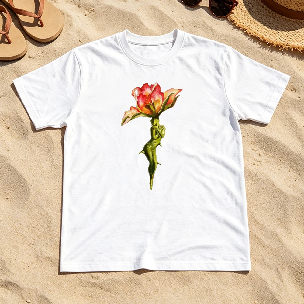 Blooming Tulip Lady Body Creative Floral Women Summer Cotton T Shirt Weird Elegant Art Aesthetic Street Top