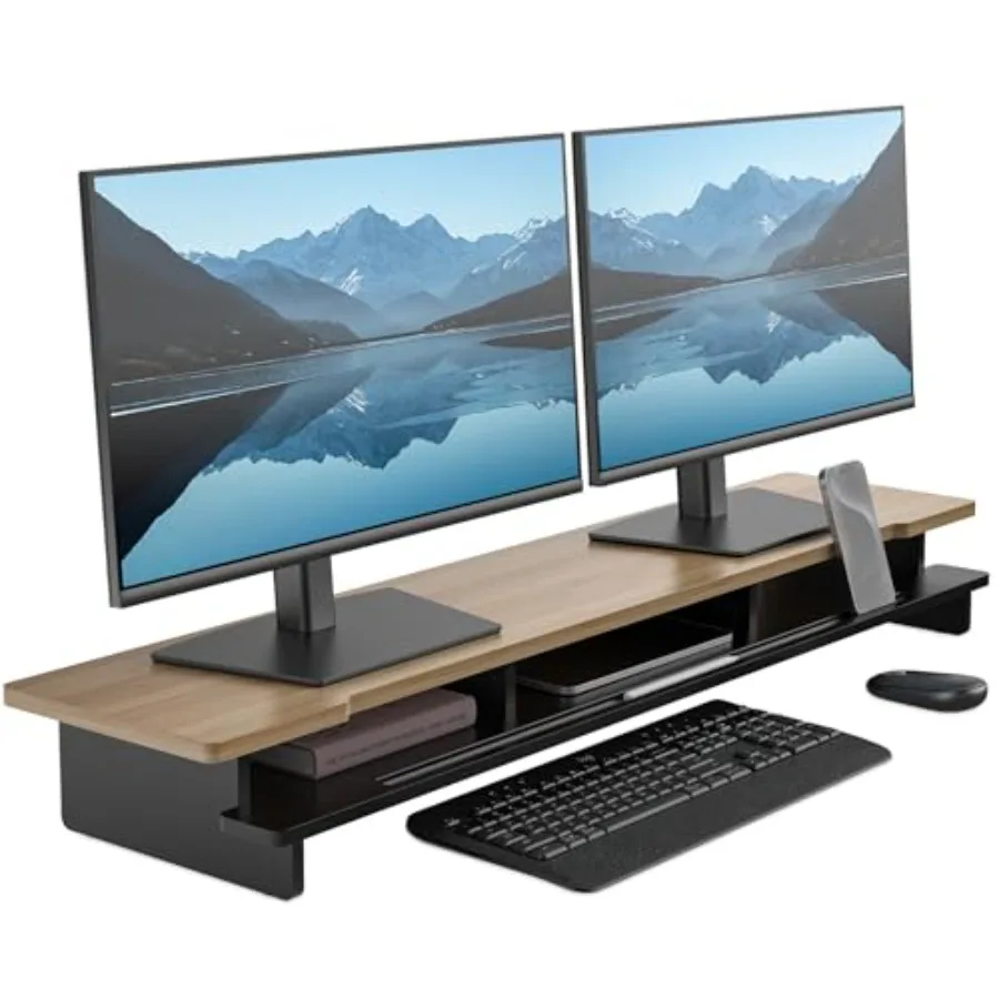 Dual Monitor Stand Riser for Desk with Wood Desk Shelf Storage Organizer and Phone Tablet Holder 42.5 Inch Black Dark Bamboo
