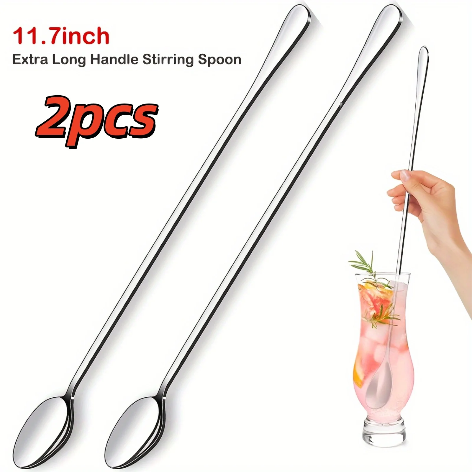 Cuchara de acero inoxidable de 11,7 pulgadas, cuchara mezcladora extralarga, cuchara de mango largo de acero inoxidable para café, helado, postre y té, 2 uds.