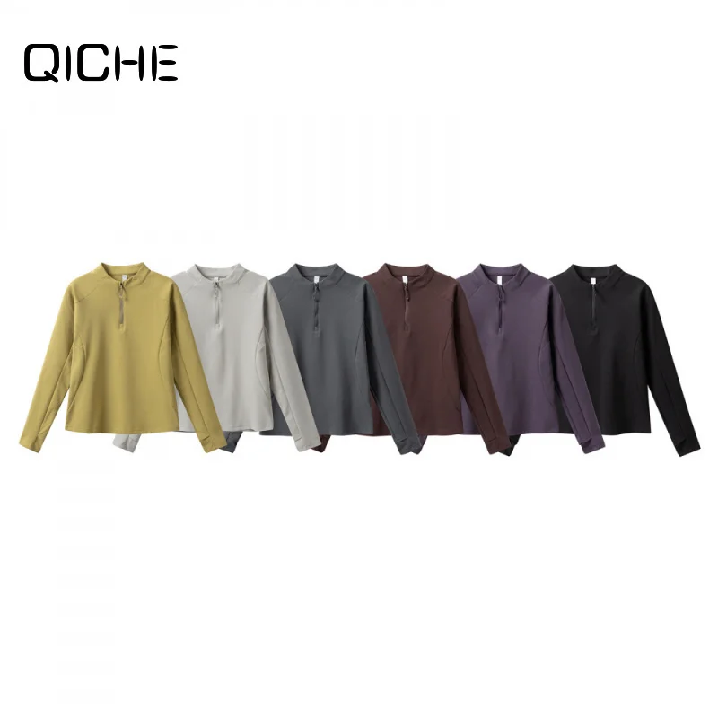 QICHE Women Half‑Zip Stand Collar Quick Dry Long Sleeve Top Autumn Slim Fit Yoga Cycling Outdoor Fitness T‑Shirt