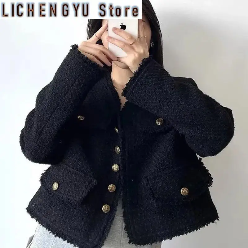 New Korean Fashion Cropped Tweed Jacket Women Autumn Winter Black Long Sleeved Tassel Coats Elegant All Match Outerwear